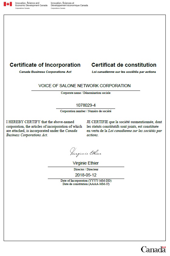 VOS CERTIFICATE OF INCORPORATION (CANADA)
